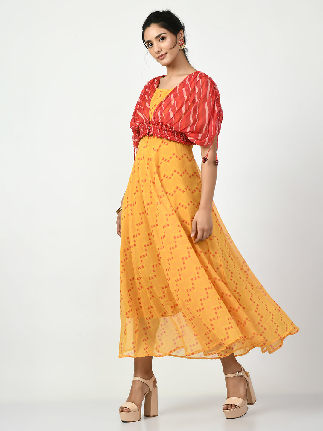 Women's Yellow Empire Printed Dress