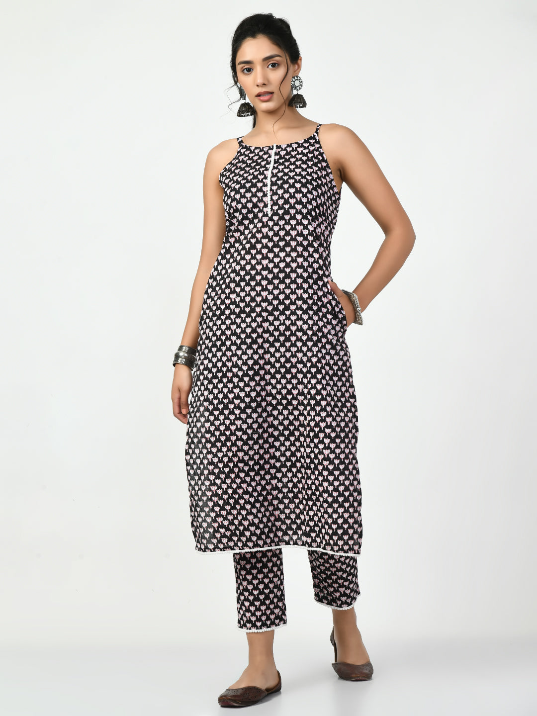 Women's Black Straight Printed Kurta