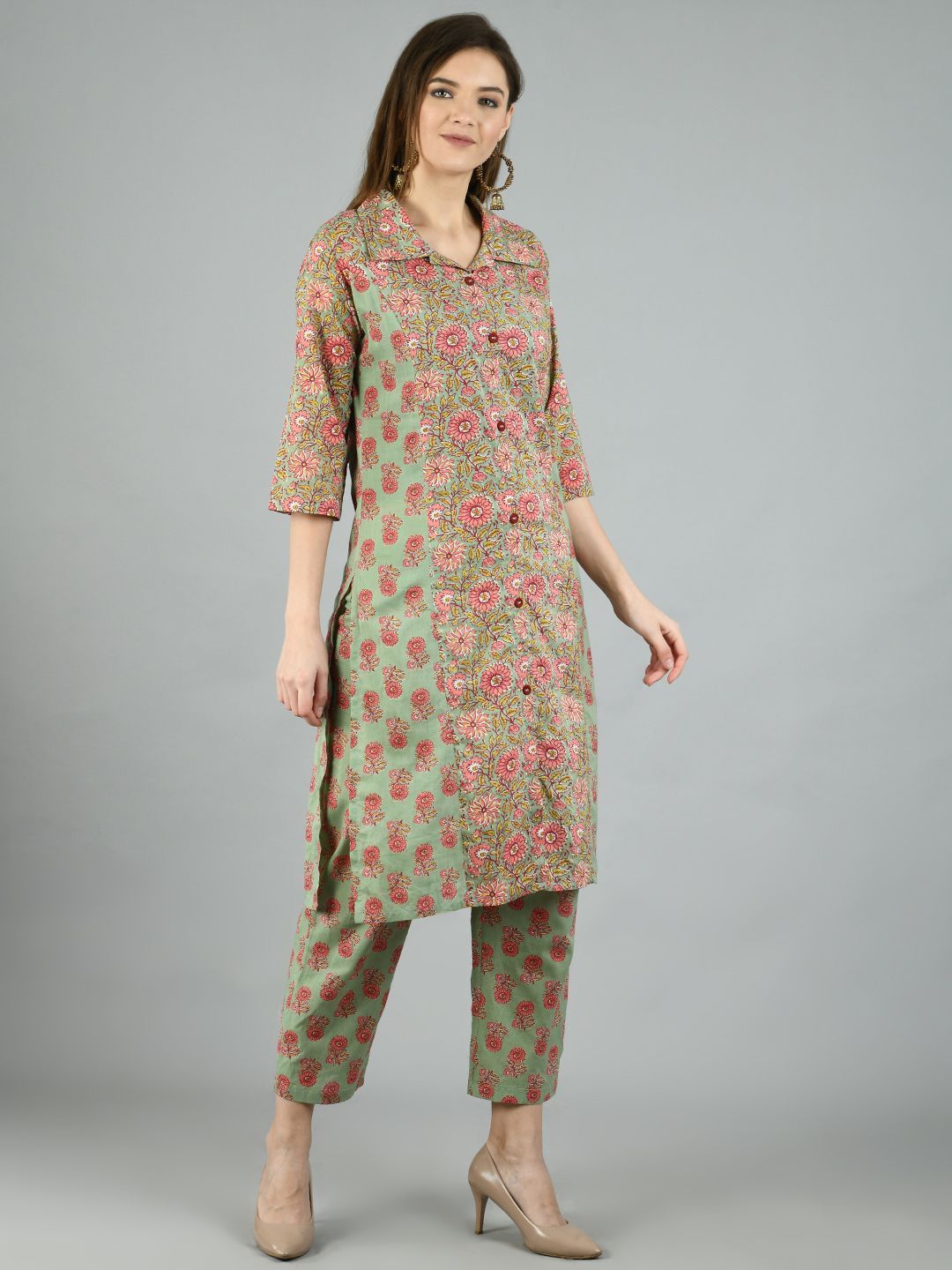Women's Multi Cotton Printed 3/4 Sleeve Shirt Coller Casual Kurta Pant Set