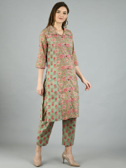Women's Multi Cotton Printed 3/4 Sleeve Shirt Coller Casual Kurta Pant Set