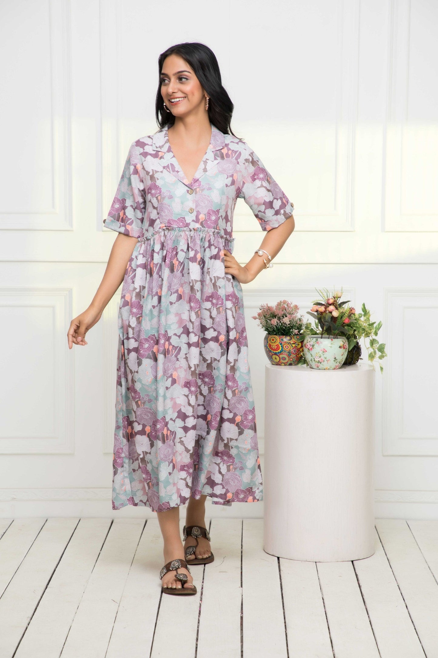 Women's Multi Floral Rayon A-Line V-Neck Dress