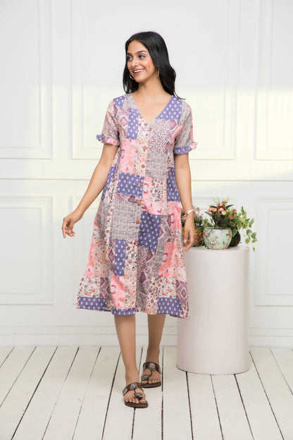 Women's Multi Geometric Rayon A-Line Round Neck Dress