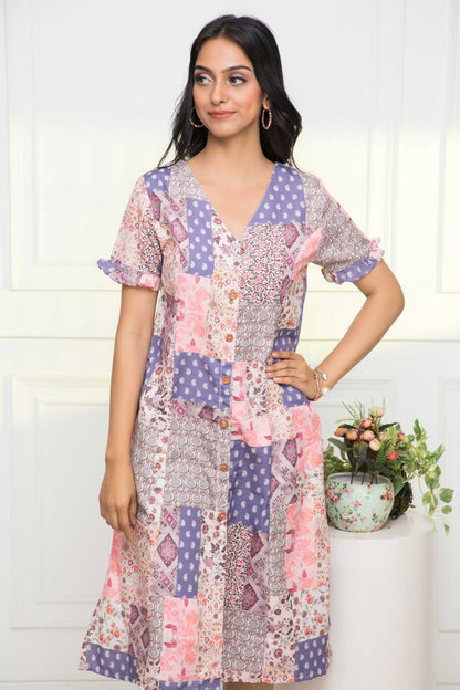 Women's Multi Geometric Rayon A-Line Round Neck Dress