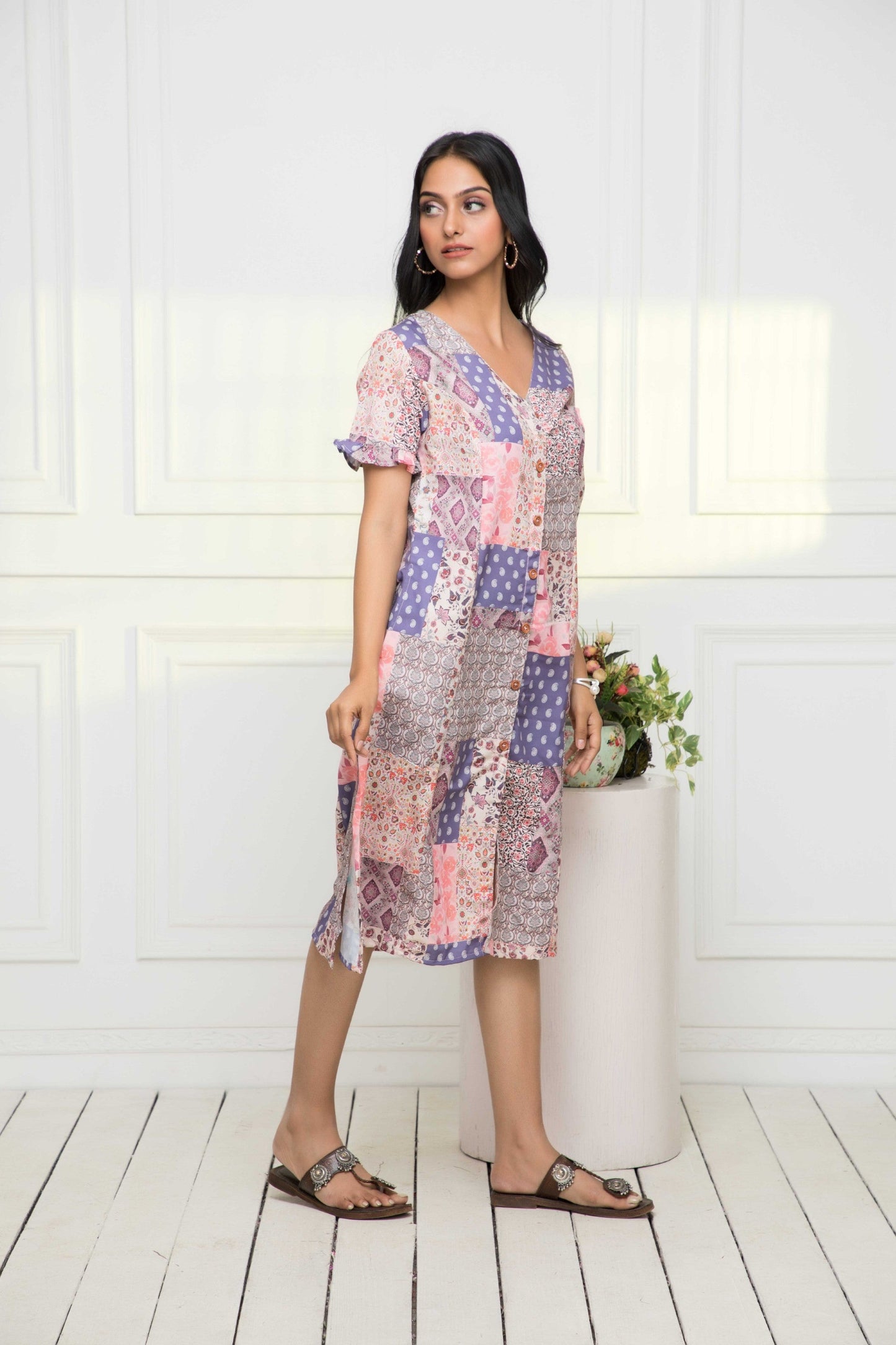 Women's Multi Geometric Rayon A-Line Round Neck Dress
