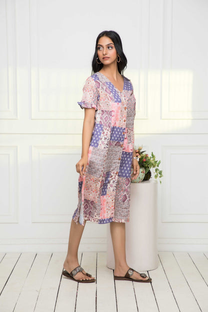 Women's Multi Geometric Rayon A-Line Round Neck Dress