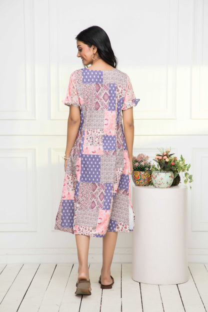 Women's Multi Geometric Rayon A-Line Round Neck Dress