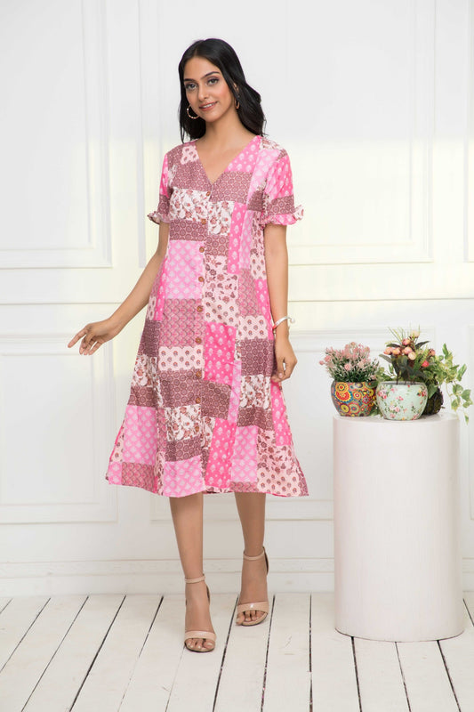 Women's Multi Geometric Rayon A-Line V-Neck Dress