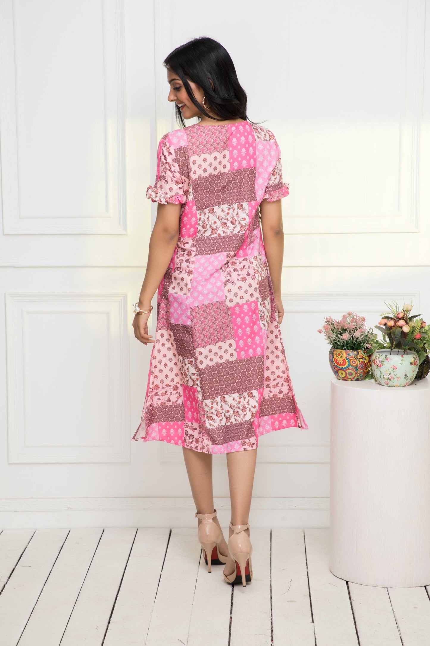 Women's Multi Geometric Rayon A-Line V-Neck Dress
