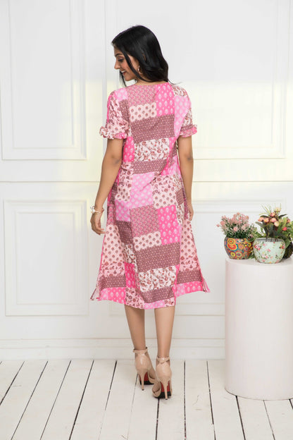 Women's Multi Geometric Rayon A-Line V-Neck Dress