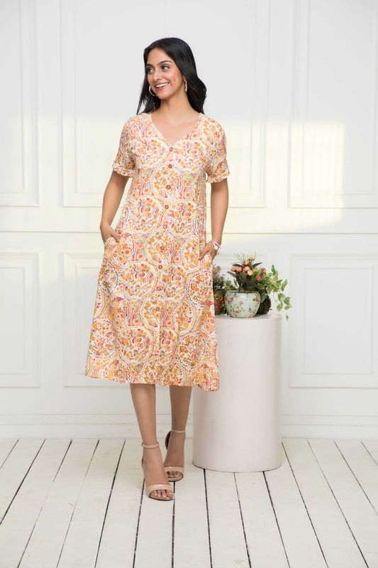 Women's Multi Abstract Rayon A-Line V-Neck Dress