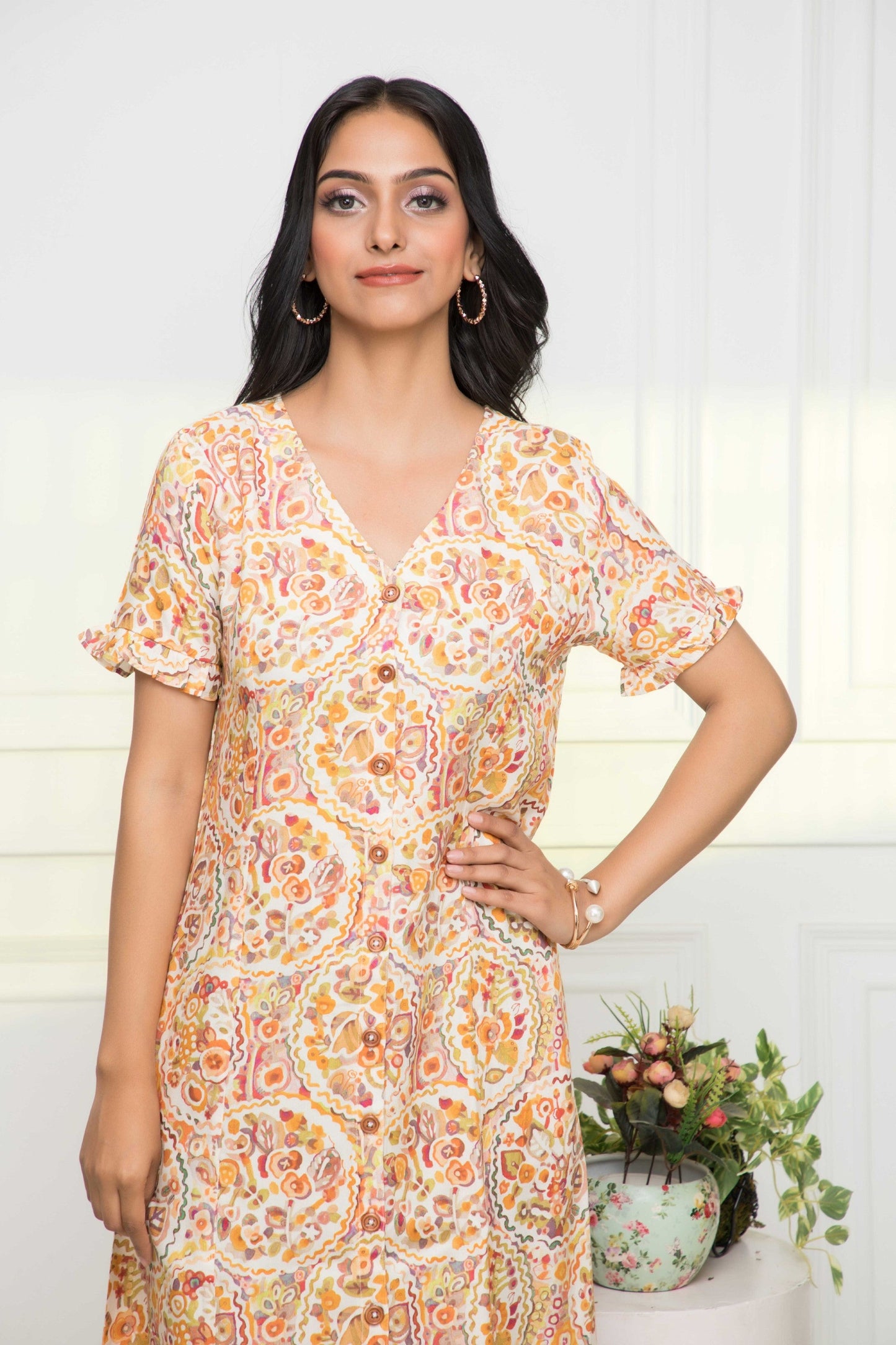 Women's Multi Abstract Rayon A-Line V-Neck Dress