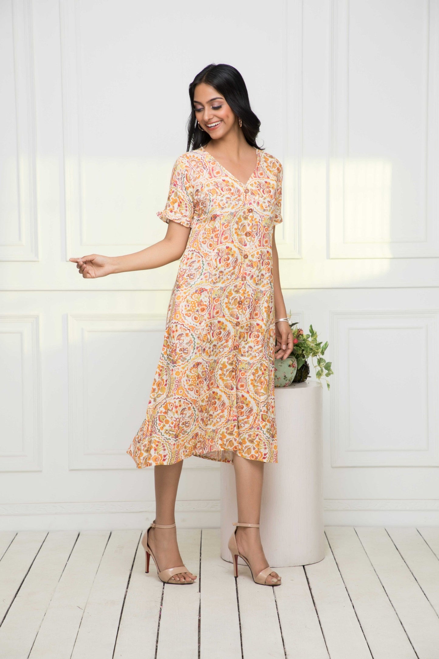 Women's Multi Abstract Rayon A-Line V-Neck Dress