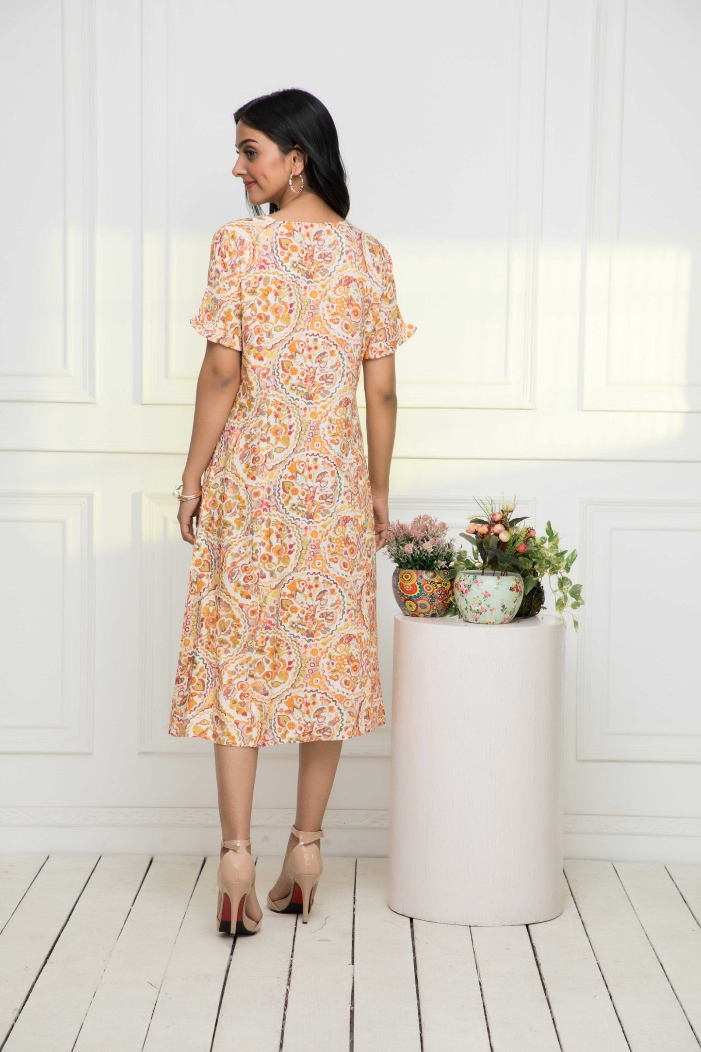 Women's Multi Abstract Rayon A-Line V-Neck Dress