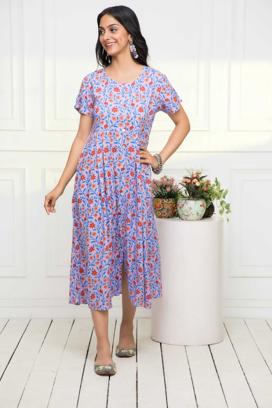 Women's Purple Floral Rayon A-Line Round Neck Dress