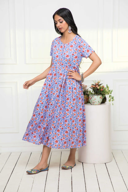 Women's Purple Floral Rayon A-Line Round Neck Dress