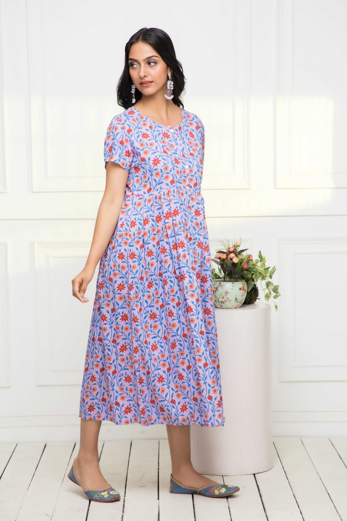 Women's Purple Floral Rayon A-Line Round Neck Dress