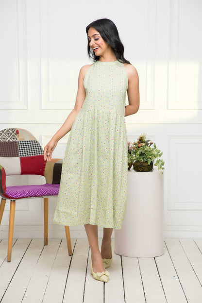 Women's Green Ethnic Motifs Rayon A-Line Round Neck Dress