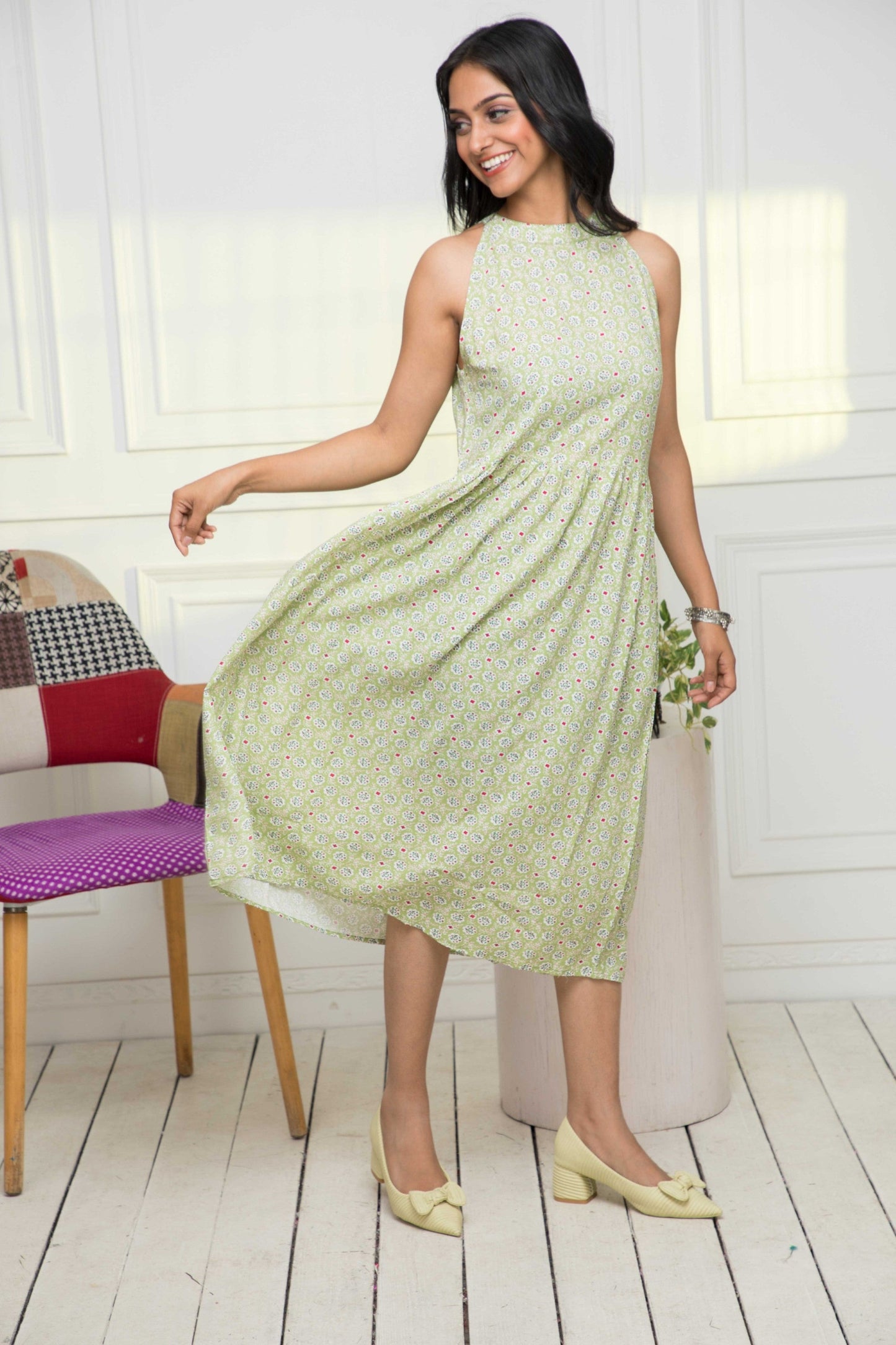 Women's Green Ethnic Motifs Rayon A-Line Round Neck Dress