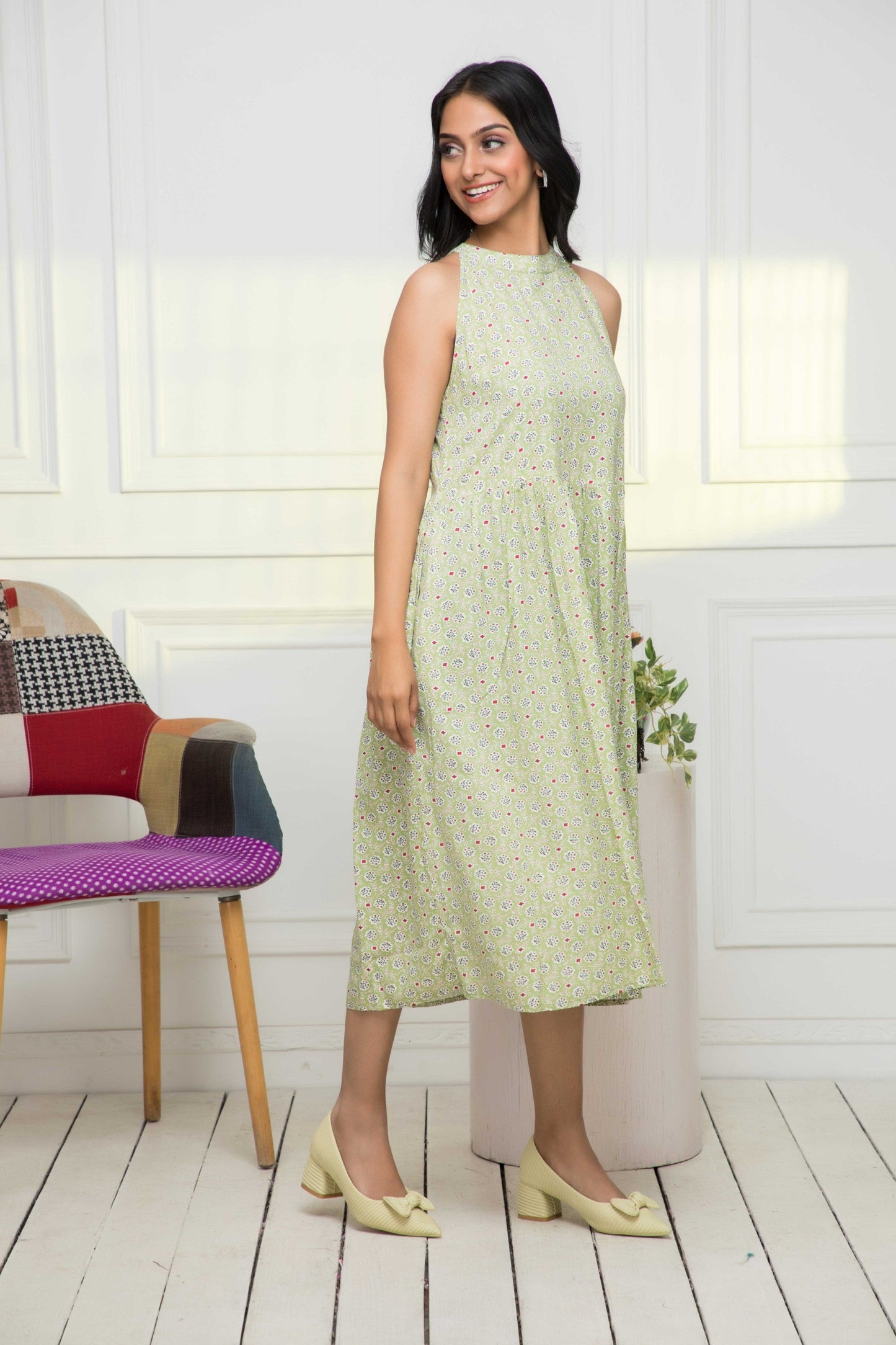 Women's Green Ethnic Motifs Rayon A-Line Round Neck Dress