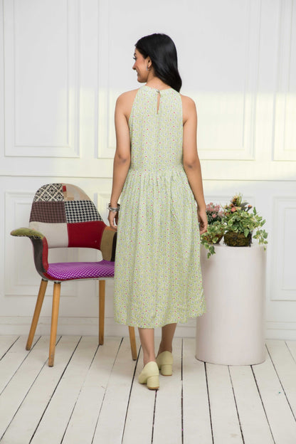 Women's Green Ethnic Motifs Rayon A-Line Round Neck Dress