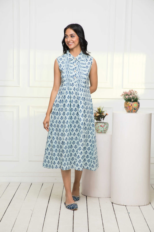 Women's Blue Ethnic Motifs Cotton A-Line Mandarin Collar Dress