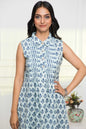 Women's Blue Ethnic Motifs Cotton A-Line Mandarin Collar Dress