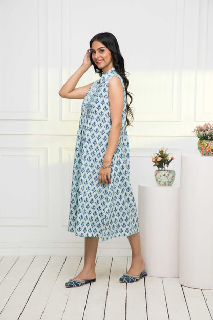 Women's Blue Ethnic Motifs Cotton A-Line Mandarin Collar Dress