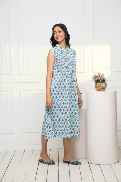 Women's Blue Ethnic Motifs Cotton A-Line Mandarin Collar Dress