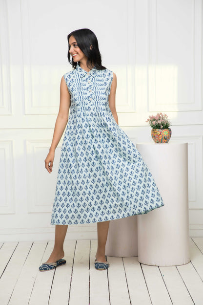 Women's Blue Ethnic Motifs Cotton A-Line Mandarin Collar Dress