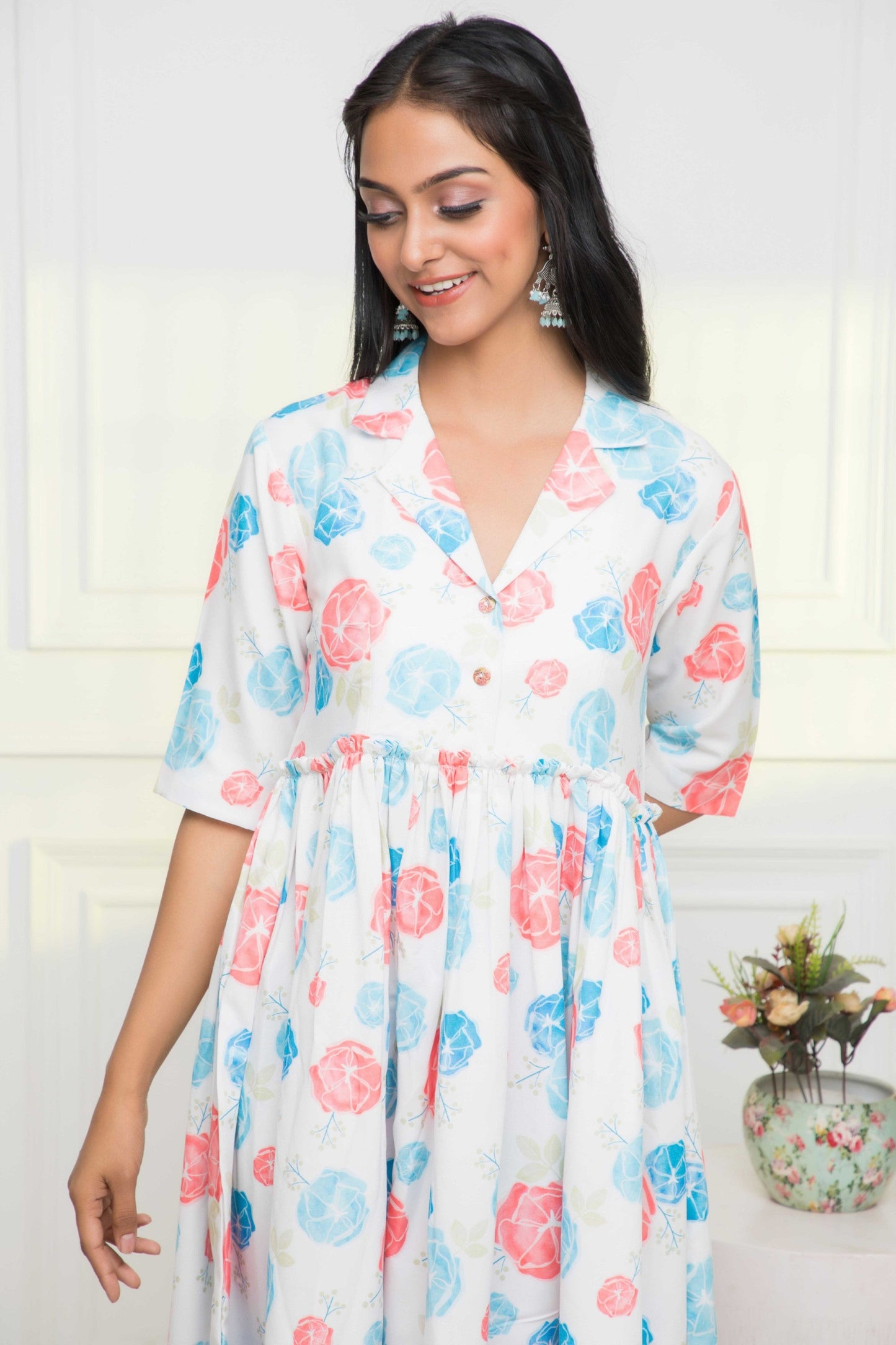Women's Multi Floral Rayon A-Line V-Neck Dress