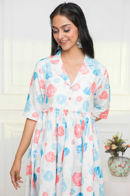 Women's Multi Floral Rayon A-Line V-Neck Dress