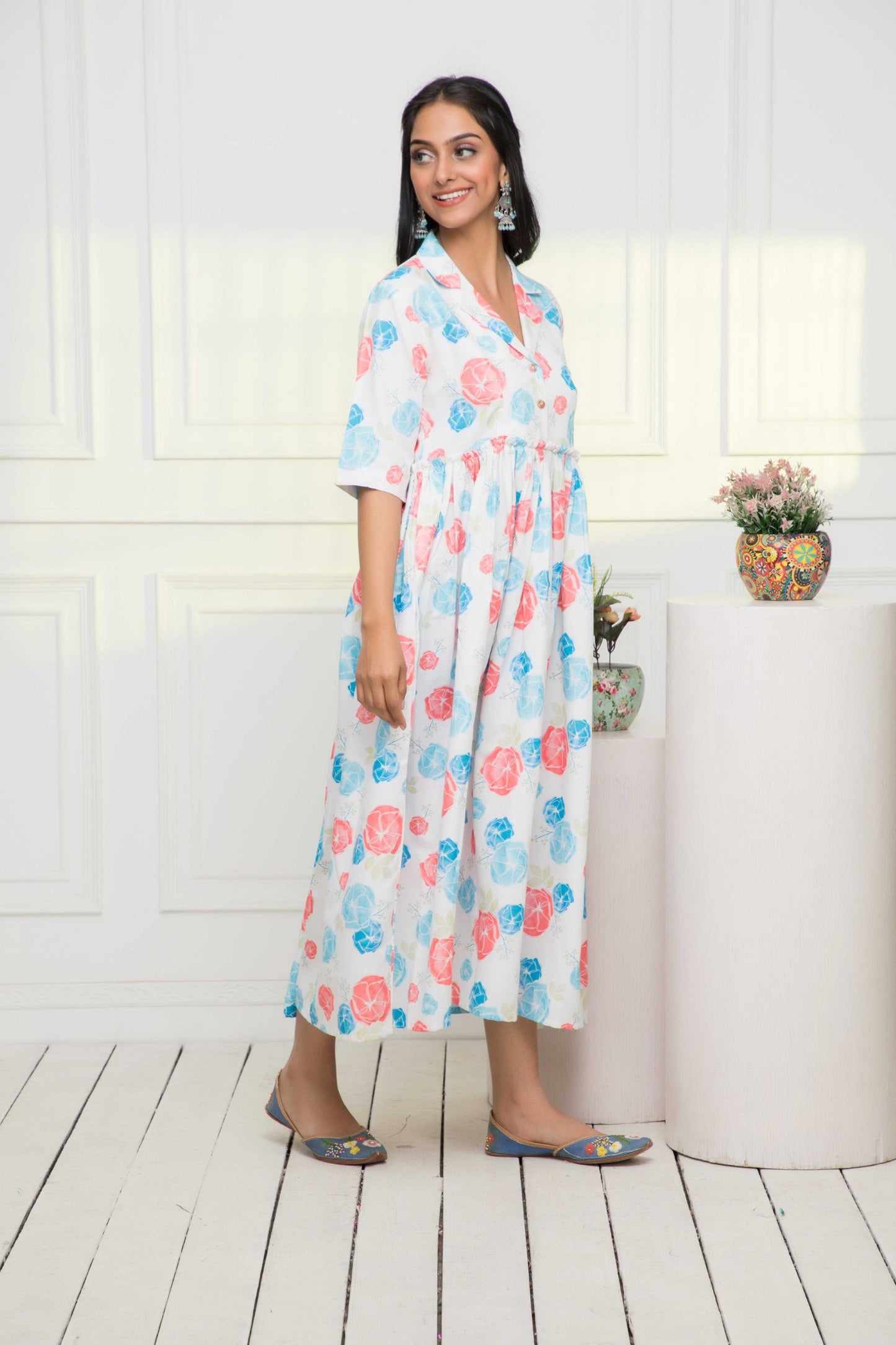 Women's Multi Floral Rayon A-Line V-Neck Dress