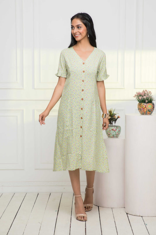 Women's Green Ethnic Motifs Rayon A-Line V-Neck Dress