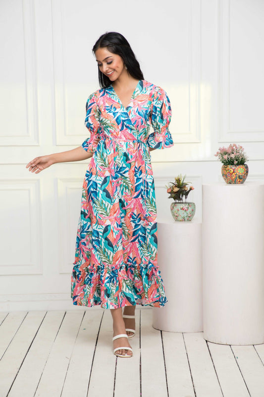 Women's Multi Floral Polyester A-Line V-Neck Dress