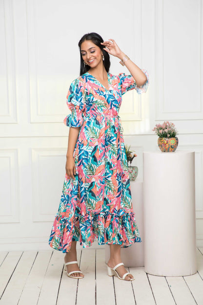 Women's Multi Floral Polyester A-Line V-Neck Dress