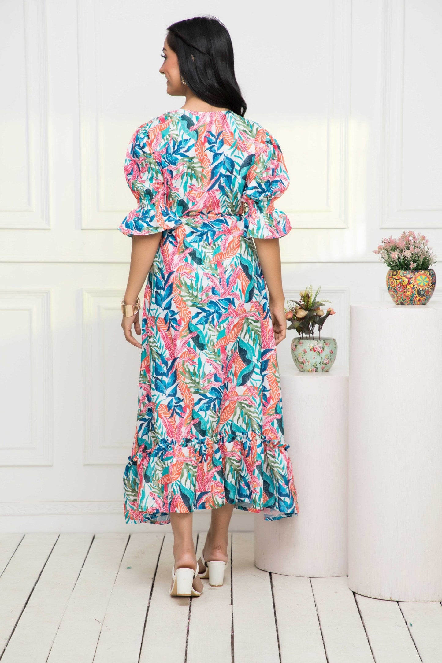 Women's Multi Floral Polyester A-Line V-Neck Dress