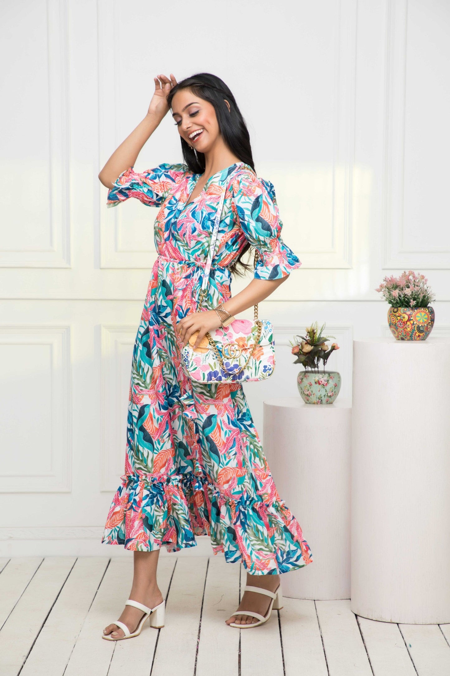 Women's Multi Floral Polyester A-Line V-Neck Dress
