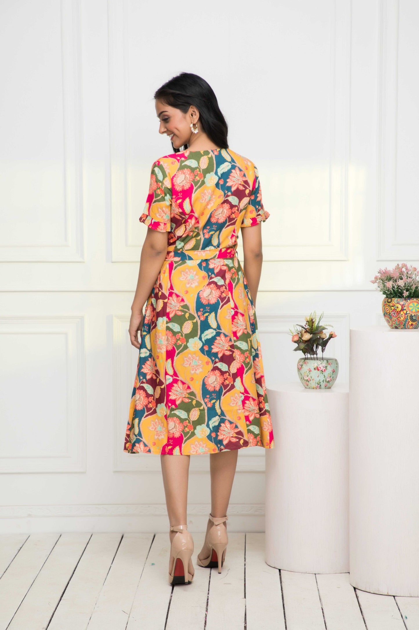 Women's Multi Abstract Rayon A-Line V-Neck Dress