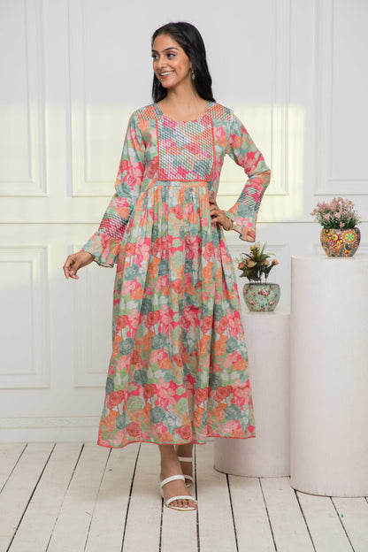 Women's Multi Floral Rayon A-Line Round Neck Dress