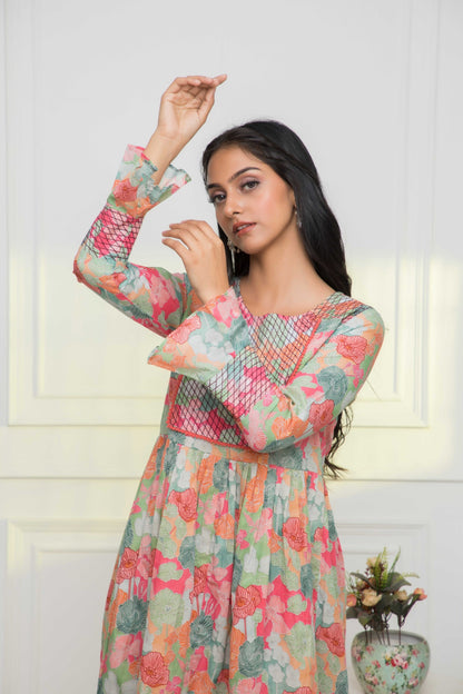 Women's Multi Floral Rayon A-Line Round Neck Dress