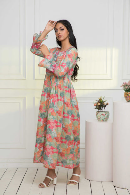 Women's Multi Floral Rayon A-Line Round Neck Dress