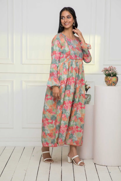 Women's Multi Floral Rayon A-Line Round Neck Dress