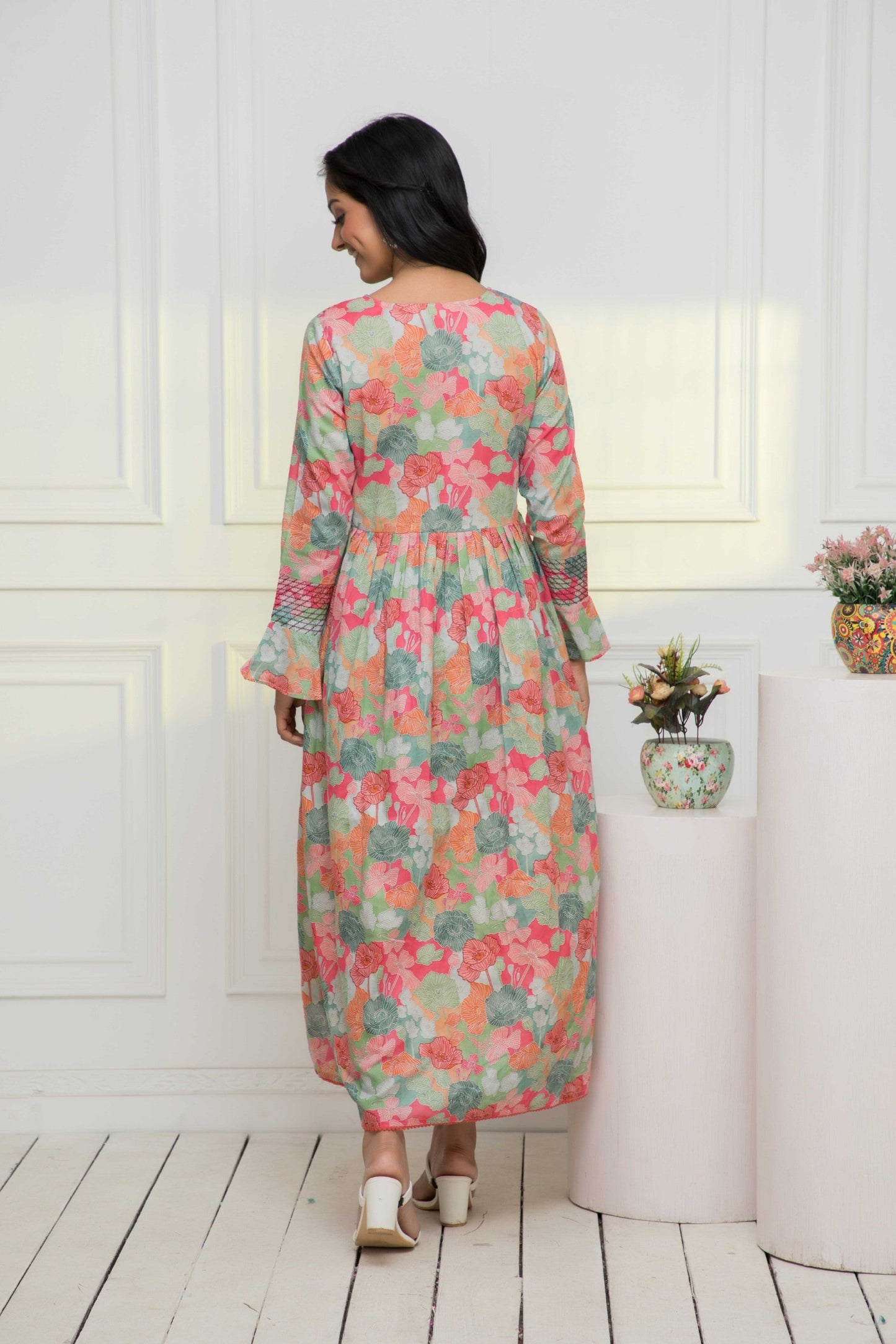 Women's Multi Floral Rayon A-Line Round Neck Dress