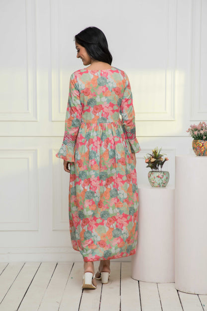 Women's Multi Floral Rayon A-Line Round Neck Dress
