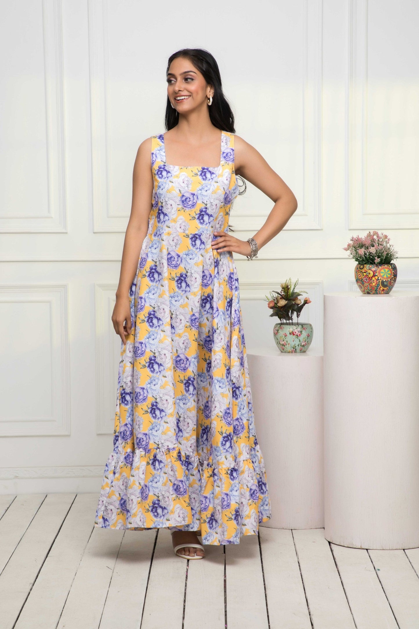 Women's Multi Floral Rayon A-Line Round Neck Dress