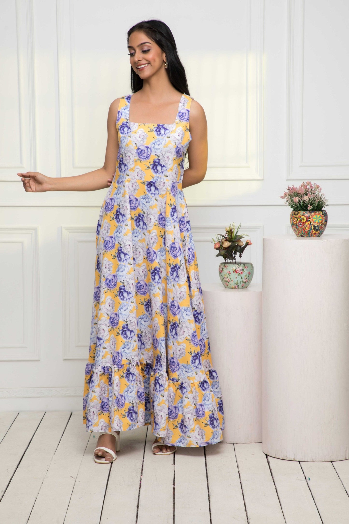 Women's Multi Floral Rayon A-Line Round Neck Dress