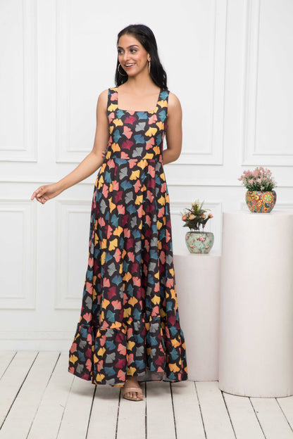 Women's Black Floral Rayon A-Line Round Neck Dress