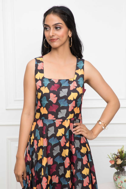 Women's Black Floral Rayon A-Line Round Neck Dress