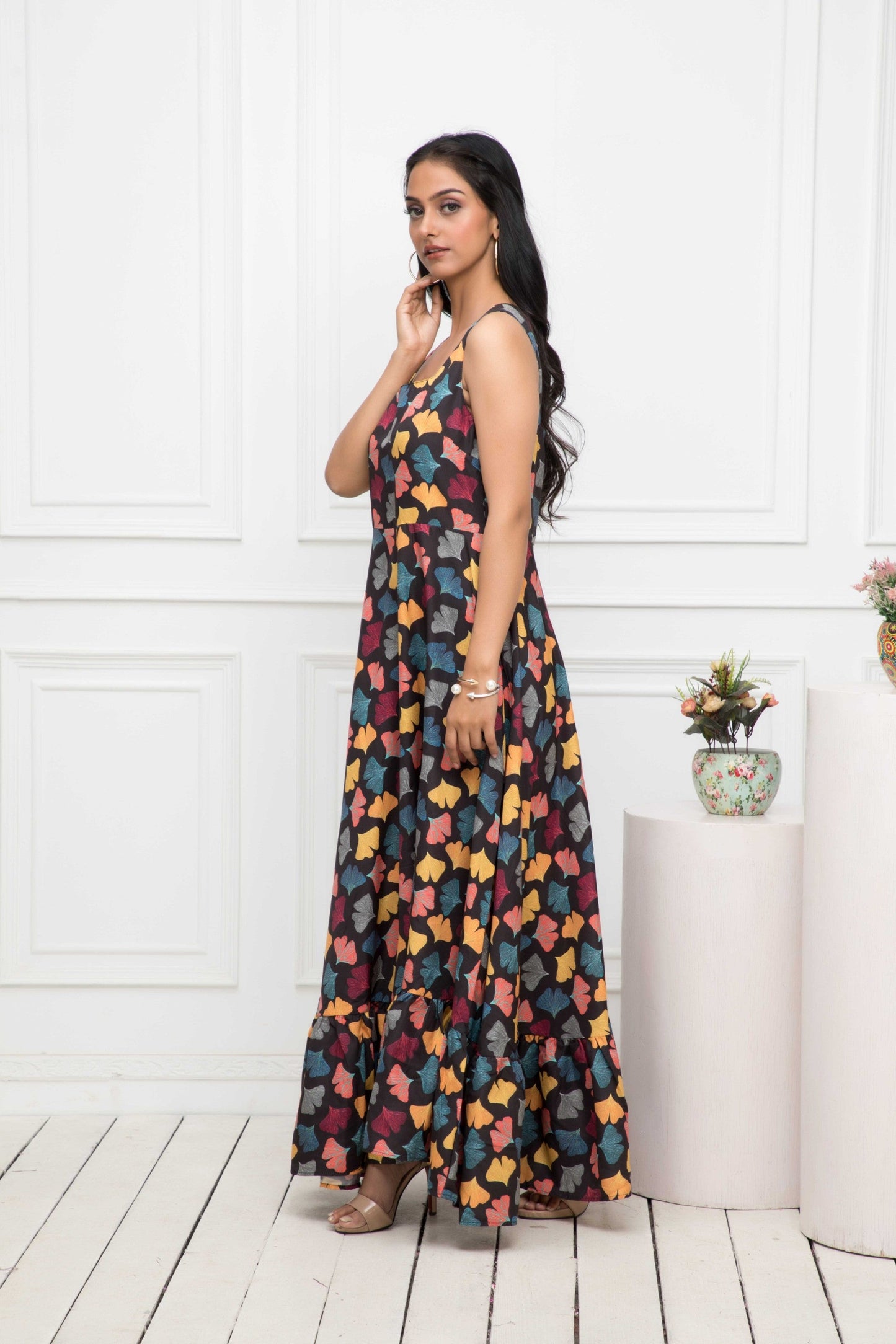 Women's Black Floral Rayon A-Line Round Neck Dress
