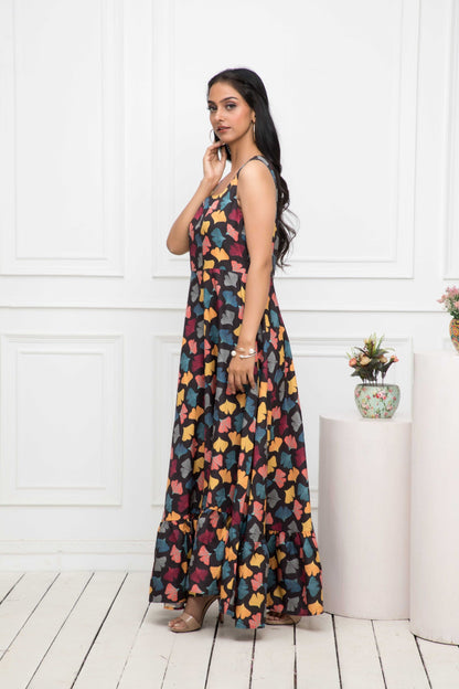 Women's Black Floral Rayon A-Line Round Neck Dress